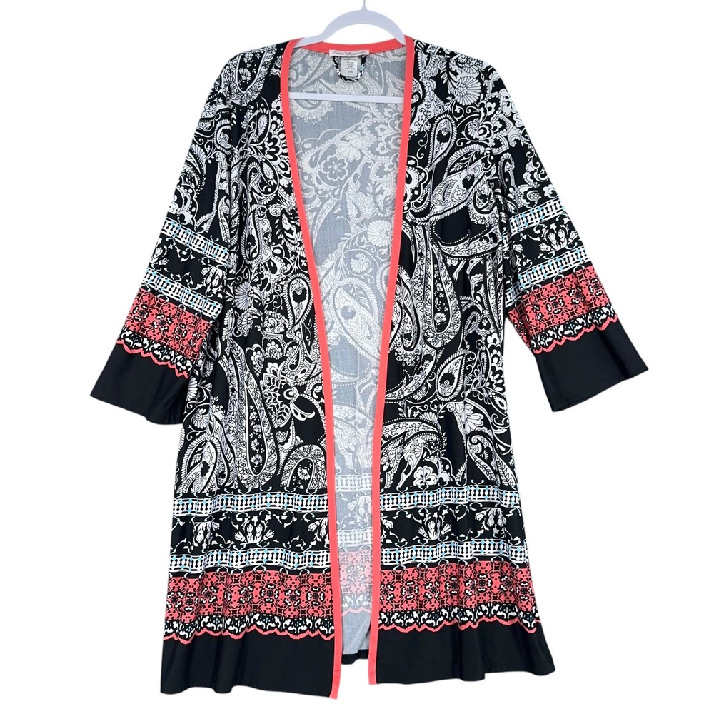 Linea Donatella‎ Paisley Duster Cardigan L/XL Black White Coral Cover Up